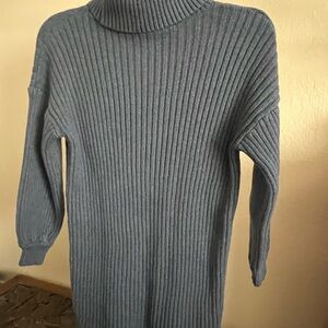 Blue Ribbed Turtleneck Sweater Dress
